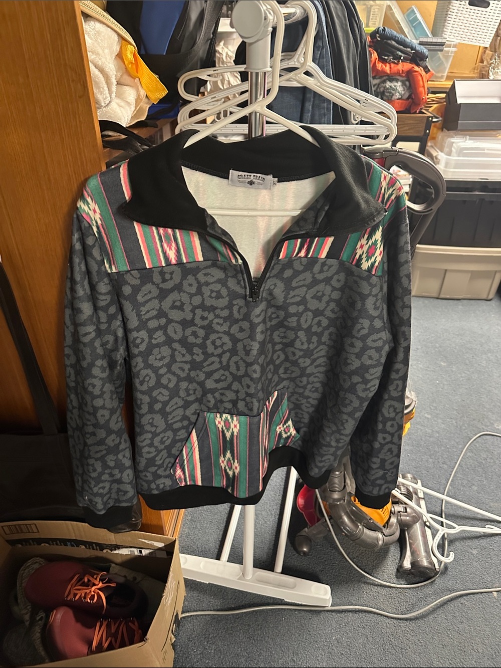 Crazy Train Gray Leopard-Print Pullover Jacket with Colorful Aztec Panels